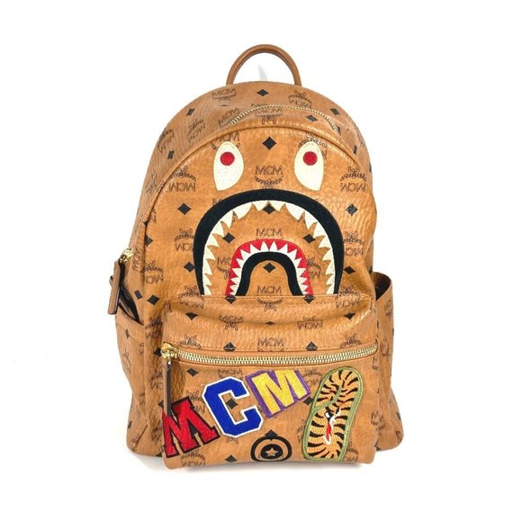 MCM MMK9AMB01CO001 BAPE Collaboration Shark Stark Backpack, Leather, Brown, Men' - Picture 1 of 10